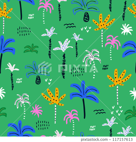 Jungle seamless green pattern with tropical trees, palms. Cartoon vector summer kids texture Jungle seamless green pattern with tropical trees, palms. Cartoon vector summer kids texture 117157613