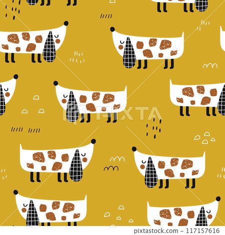 Cartoon creative hand drawn dog seamless pattern. Childish texture for fabric, textile Cartoon creative hand drawn dog seamless pattern. Childish texture for fabric, textile 117157616
