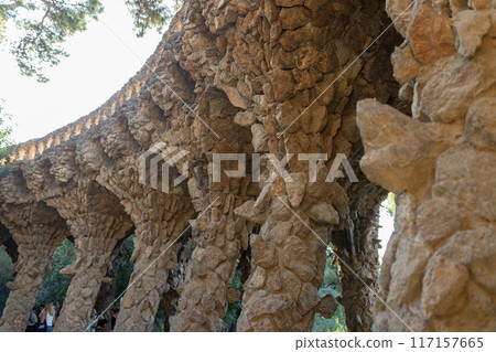 Stone colonnade resembling tree trunks by Antonio Gaudi in Park Guell, Barcelona. The arcade of stone columns 117157665