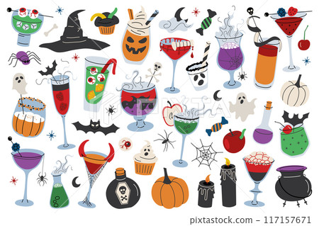 Halloween drinks collection, party cocktails doodles, vector illustration set of glasses with creepy garnishes, sangria with eyeballs, witch heart, vampire kiss, punch with dry ice, spooky celebration 117157671