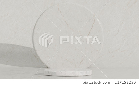Empty White Marble Circular Platform podium on white Backdrop. Perfect Highlighting Exclusive Merchandise Clean Design. Advertising Campaigns Visual Merchandising 117158259
