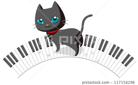 Vector illustration of a black cat riding on a piano keyboard (key arc) 117158296