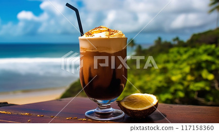 Mudslide cocktail on background with blue sea and sky tropical background. Generative AI 117158360