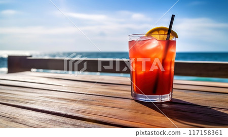 Rum Runner cocktail on background with blue sea and sky tropical background. Generative AI Rum Runner cocktail on background with blue sea and sky tropical background. Generative AI 117158361