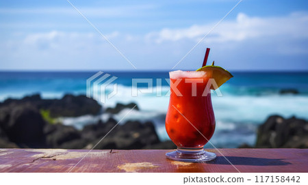 Lava flow cocktail on background with blue sea and sky tropical background. Generative AI 117158442