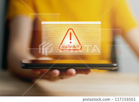 Hand holding smartphone with showing Malware alert on screen, Concept of cyber crime and (PDPA)Personal Data Protection. 117158501