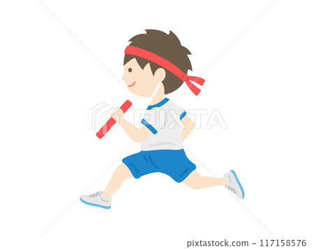 Illustration of a boy holding a baton running in a relay race at an athletic meet Illustration of a boy holding a baton running in a relay race at an athletic meet 117158576