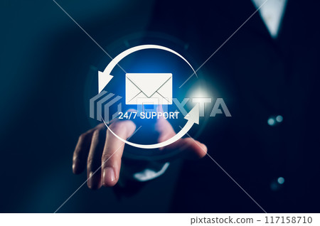 Businessman hand touching new email with show text 24/7 support. Businessman hand touching new email with show text 24/7 support. 117158710