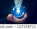 Businessman holding icon virtual contact us, Call Center concept. 117158711