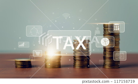 Tax planning concept, The screen displays tax symbols and a pile of gold coins on the table. Tax planning concept, The screen displays tax symbols and a pile of gold coins on the table. 117158719