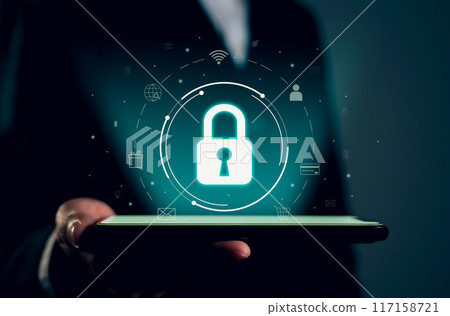 Businessman holding smartphone and showing padlock, protecting data on internet technology networking GDPR(general data protection regulation). 117158721