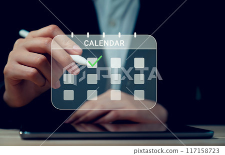 Businessman hand touching screen of calendar event plan and digital schedule appointments on internet. Businessman hand touching screen of calendar event plan and digital schedule appointments on internet. 117158723