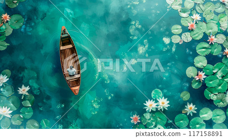 Fisherman Boat Lake Water Lilies Watercolor Illustration Background Tranquil Scene Nature Beauty Outdoor Activity Fishing Leisure 117158891