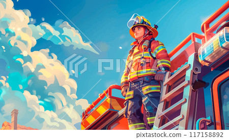 Fireman Standing on Footplate of Fire Engine Cartoon Environment Emergency Response Scene Firefighter Heroic Action Illustration Fire Truck Rescue Mission Fire Safety Training 117158892