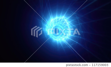 Abstract bright blue glowing background with a tunnel of lines and stripes of energy of burning rays of plasma and electricity with light Abstract bright blue glowing background with a tunnel of lines and stripes of energy of burning rays of plasma and electricity with light 117159003
