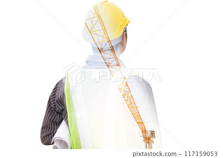 Double exposure image of professional engineer in protective helmet and blueprints paper at building construction site Double exposure image of professional engineer in protective helmet and blueprints paper at building construction site 117159053