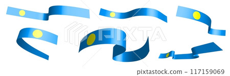 Set of holiday ribbons. Palau flag waving in wind. Separation into lower and upper layers. Design element. Vector on white background 117159069