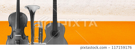 Banner. Contemporary art collage. Violin, trumpet, and guitar against backdrop of frothy beer and vibrant orange, capturing harmony of music and refreshment. 117159176
