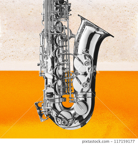 Poster. Contemporary art collage. Shiny saxophone set against backdrop of frothy beer, merging essence of music and refreshment. Poster. Contemporary art collage. Shiny saxophone set against backdrop of frothy beer, merging essence of music and refreshment. 117159177