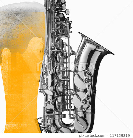 Poster. Contemporary art collage. Sax seamlessly blends with beer glass, symbolizing fusion of music and relaxation in creative, visually striking artwork. Poster. Contemporary art collage. Sax seamlessly blends with beer glass, symbolizing fusion of music and relaxation in creative, visually striking artwork. 117159219
