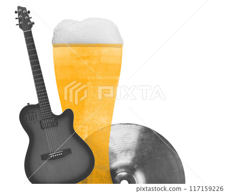 Poster. Contemporary art collage. Glass stands beside electric guitar and cymbal, blending thrill of rock music with refreshment of cold drink, perfect for celebration. Poster. Contemporary art collage. Glass stands beside electric guitar and cymbal, blending thrill of rock music with refreshment of cold drink, perfect for celebration. 117159226