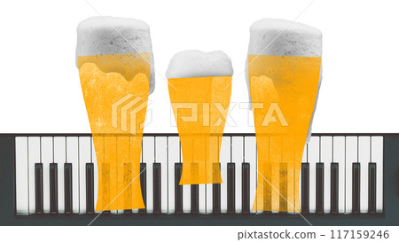 Poster. Contemporary art collage. Symphony of tastes. Frothy beer glasses rise above piano keys, blending enjoyment of music with delight of cold drink. Poster. Contemporary art collage. Symphony of tastes. Frothy beer glasses rise above piano keys, blending enjoyment of music with delight of cold drink. 117159246