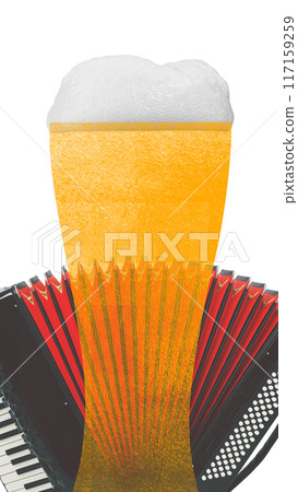 Poster. Contemporary art collage. Glass of beer merges with accordion, blending joy of music with cheer of cold drink, perfect for lively celebrations. Poster. Contemporary art collage. Glass of beer merges with accordion, blending joy of music with cheer of cold drink, perfect for lively celebrations. 117159259