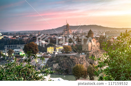 amazing sunset view of Tbilisi with mountains on the background 117159532
