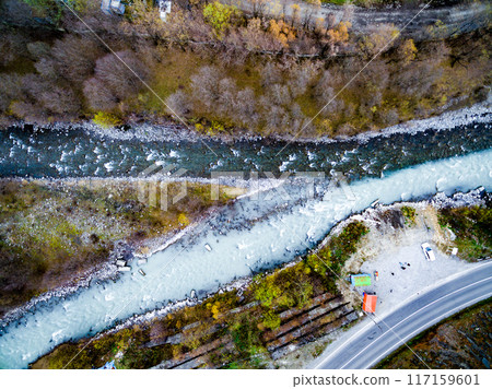 Aragvi river junction, Eastern Georgia, topshot 117159601