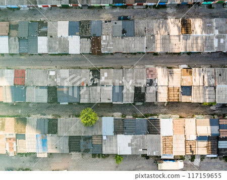 Dilapidated one story buildings, depressed area, topview Dilapidated one story buildings, depressed area, topview 117159655