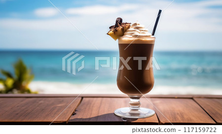 Mudslide cocktail on background with blue sea and sky tropical background. Generative AI 117159722