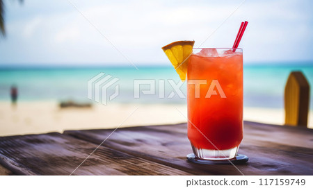 Caribbean Rum Punch cocktail on background with blue sea and sky tropical background. Generative AI 117159749