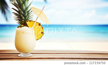 Pina Colada cocktail on background with blue sea and sky tropical background. Generative AI Pina Colada cocktail on background with blue sea and sky tropical background. Generative AI 117159750