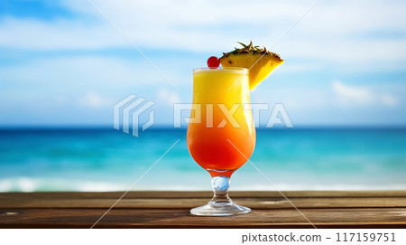 Pain Killer cocktail on background with blue sea and sky tropical background. Generative AI 117159751