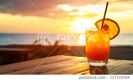 Tequilla Sunrise cocktail on background with blue sea and sunrise sky tropical background. Generative AI 117159764