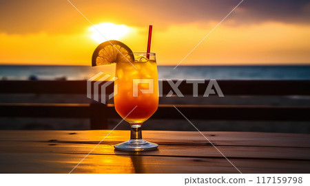 Tequilla Sunrise cocktail on background with blue sea and sunrise sky tropical background. Generative AI 117159798