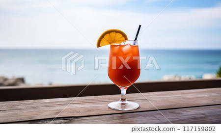 Bay Breeze cocktail on background with blue sea and sky tropical background. Generative AI 117159802