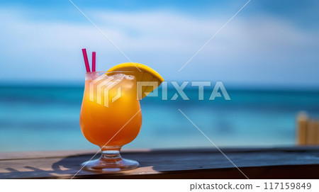 Bumble Bee Shot cocktail on background with blue sea and sky tropical background. Generative AI 117159849