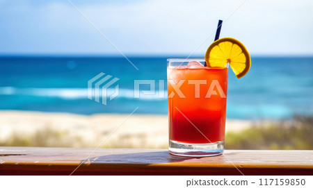 Rum Runner cocktail on background with blue sea and sky tropical background. Generative AI 117159850