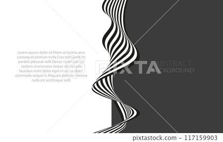 Abstract vertical striped curved ribbon with black and white lines on dark gray and white background 117159903
