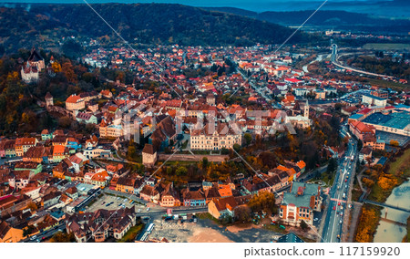 Sighisoara Citadel towering over city Sighisoara Citadel towering over city 117159920