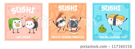 Cartoon sushi rolls poster. Rice sushi retro cute characters, japanese food funny mascot invitation poster seafood japan cookery advertising menu template, neat vector illustration 117160158