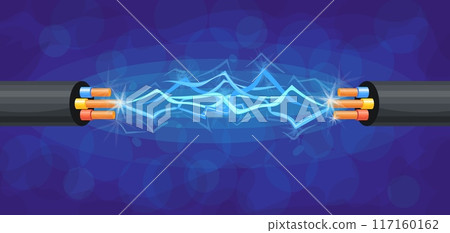 Copper cable spark. Electrical wire electricity power energy industry high voltage, electric cables connection break cord insulation glow short circuit, neat vector illustration Copper cable spark. Electrical wire electricity power energy industry high voltage, electric cables connection break cord insulation glow short circuit, neat vector illustration 117160162