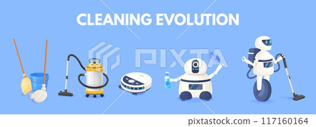 Vacuum cleaners evolution. Domestic cleaning tool progress broom to robot cleaner, smart home technology dust clean device robotic household appliance, neat vector illustration Vacuum cleaners evolution. Domestic cleaning tool progress broom to robot cleaner, smart home technology dust clean device robotic household appliance, neat vector illustration 117160164