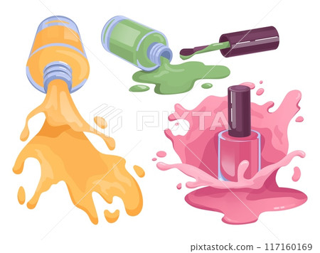 Nail polish splashes. Manicure paint splash colourful liquid drop, glamour cosmetic product for female fingernails care trendy beauty salon advertising, swanky vector illustration 117160169