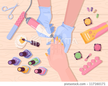 Manicure top view. Beauty nail salon occupation specialist perform fingernail care treatment procedure to customer hands, manicurist tools colors swatch swanky vector illustration Manicure top view. Beauty nail salon occupation specialist perform fingernail care treatment procedure to customer hands, manicurist tools colors swatch swanky vector illustration 117160171