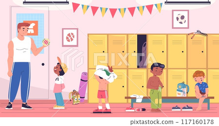 Children locker room. Kids indoor school gym cloakroom, football or basketball sport team young student changing athletic training dressing in lockers, classy vector illustration 117160178