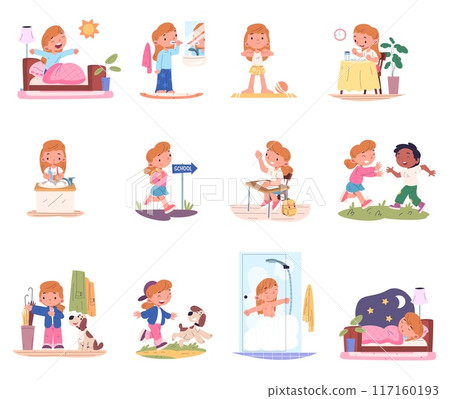Kid daily routine. School or preschool children day schedule, sleep morning bathroom hygiene teeth washing education play bedtime, cartoon child life set classy vector illustration Kid daily routine. School or preschool children day schedule, sleep morning bathroom hygiene teeth washing education play bedtime, cartoon child life set classy vector illustration 117160193