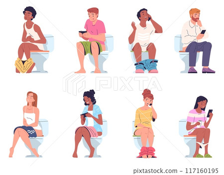 People on toilets with phones. Person read smartphone internet game, pooping peeing man woman in bathroom phone gadget addiction constipation diarrhea, classy vector illustration People on toilets with phones. Person read smartphone internet game, pooping peeing man woman in bathroom phone gadget addiction constipation diarrhea, classy vector illustration 117160195