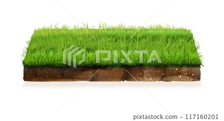 Realistic land piece. 3d soil square plot pieces, floating isolated ground slice lawn green grass, backyard field meadow piece eco environment advertising exact vector illustration Realistic land piece. 3d soil square plot pieces, floating isolated ground slice lawn green grass, backyard field meadow piece eco environment advertising exact vector illustration 117160201